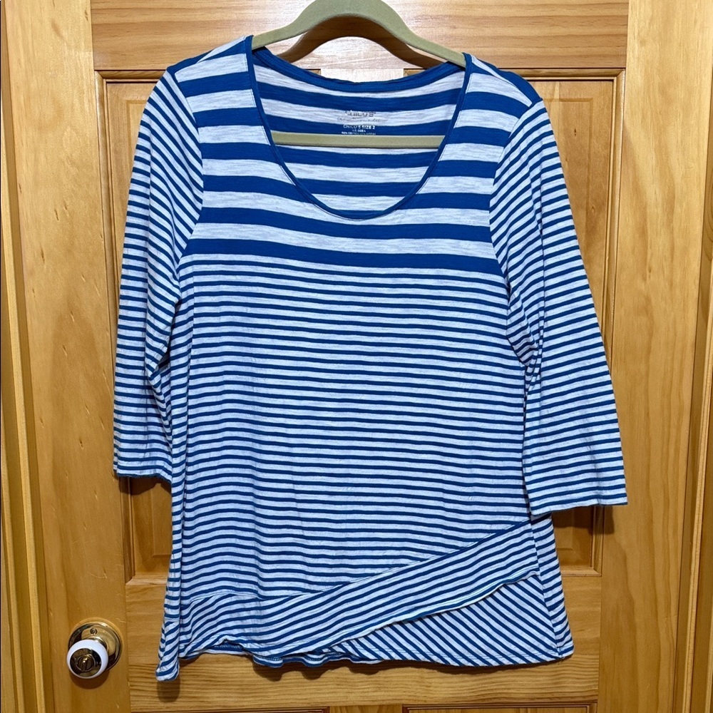 Chico's The Ultimate Tee Teal Blue/White Striped 3/4 Sleeve Shirt Top Size Large